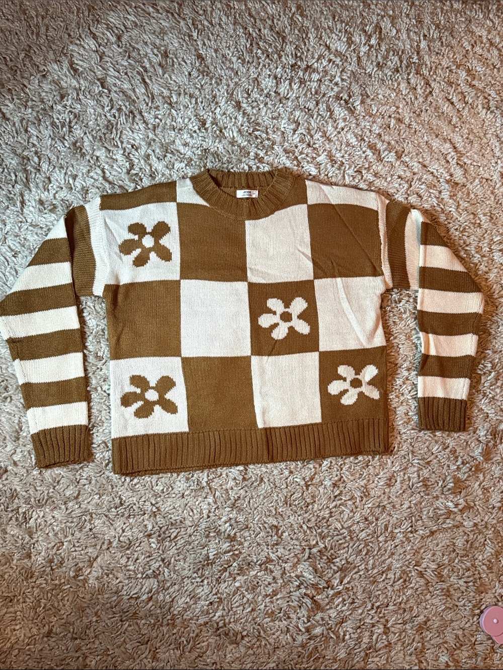 3 For $25 Ardene NWOT Brown Cream Checkerboard Floral Striped Sweater Small